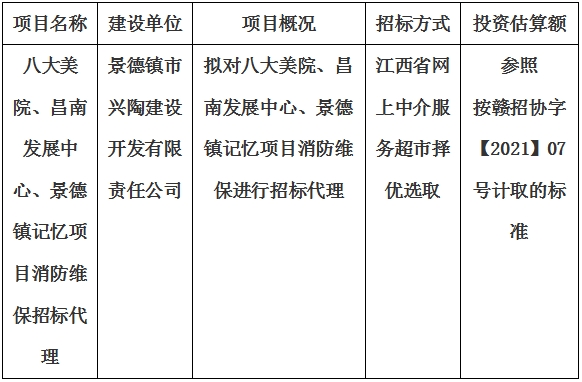 八大美院、昌南發(fā)展中心、景德鎮(zhèn)記憶項目消防維保招標代理計劃公告