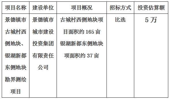 景德鎮(zhèn)市古城村西側地塊、銀湖新都東側地塊勘界測繪項目計劃公告