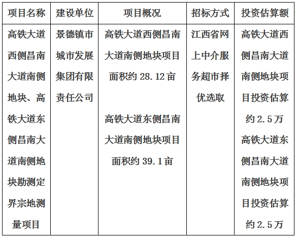 景德鎮(zhèn)市高鐵大道西側(cè)昌南大道南側(cè)地塊、高鐵大道東側(cè)昌南大道南側(cè)地塊勘測定界宗地測量項目計劃公告