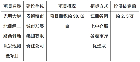 景德鎮(zhèn)市光明大道北側(cè)經(jīng)二路西側(cè)地塊宗地測(cè)量項(xiàng)目計(jì)劃公告