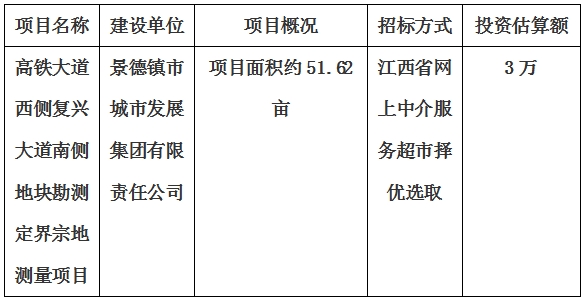 景德鎮(zhèn)市高鐵大道西側(cè)復(fù)興大道南側(cè)地塊勘測定界宗地測量項目計劃公告