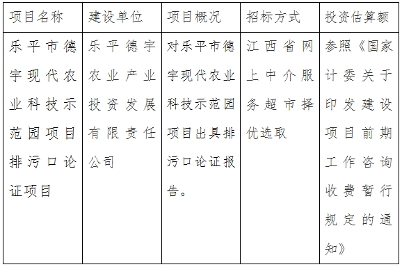 樂平德宇公司德宇現(xiàn)代農(nóng)業(yè)科技示范園排污口論證項(xiàng)目計(jì)劃公告